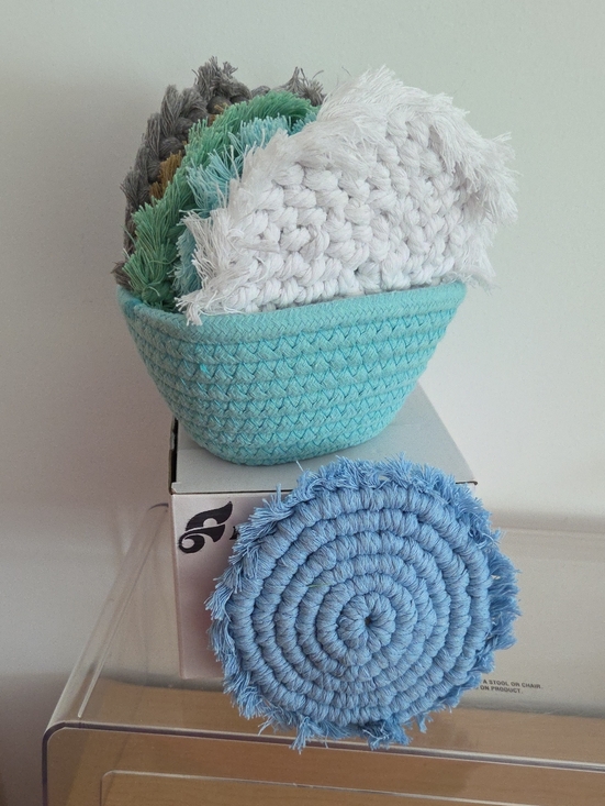 Foldtier Other - Braided Aqua Storage Basket with Assorted Fringe Coasters...set Of 6